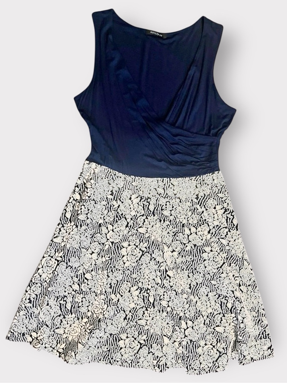 Hail3y:23 Floral Fit & Flare V Neck Faux Wrap Dress Navy White XL Made in USA